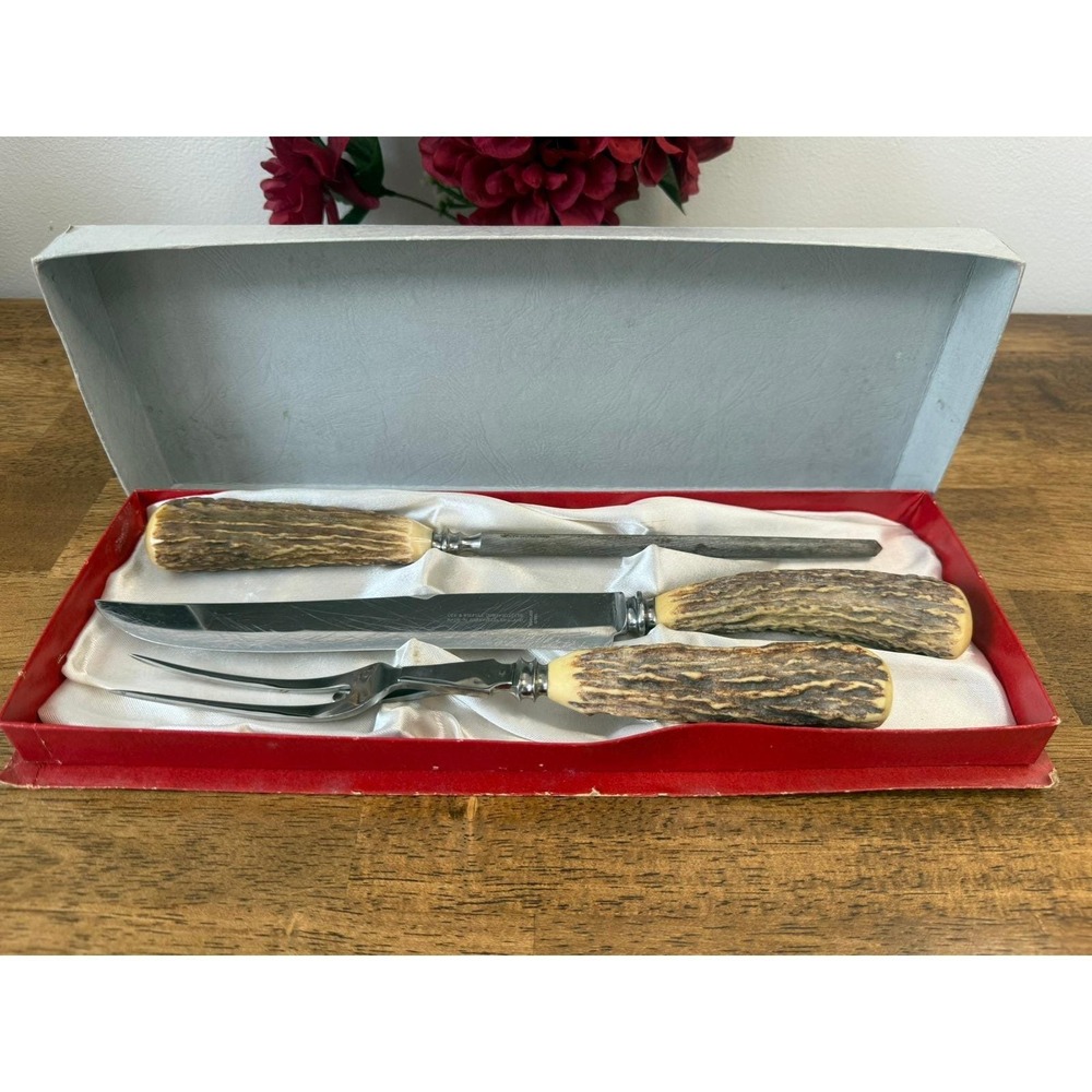 Vintage Abbott Of England Sheffield Carving Set‎ Stag Handle Knife Fork Box